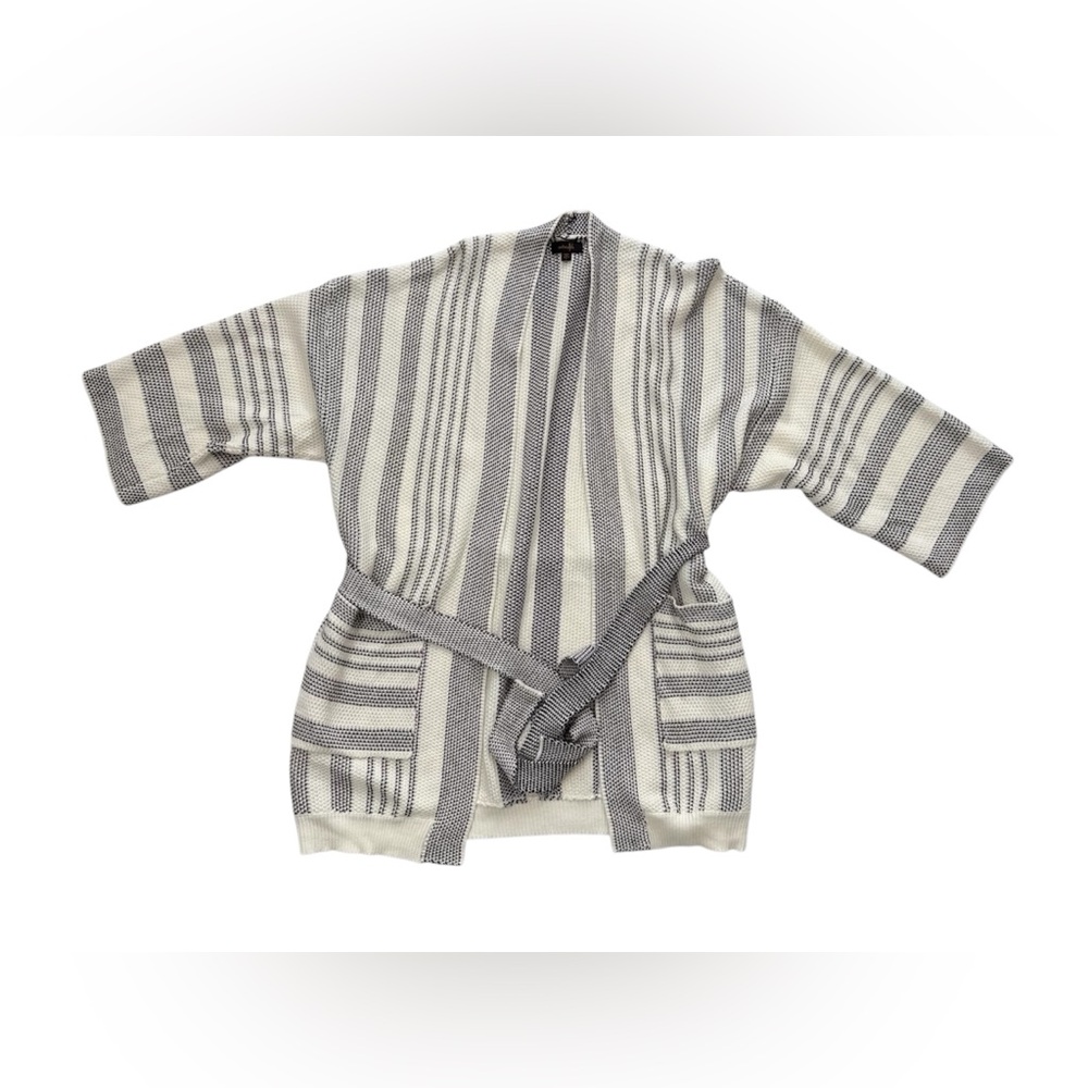 Elegant Women's Striped Cardigan - Gray and Cream